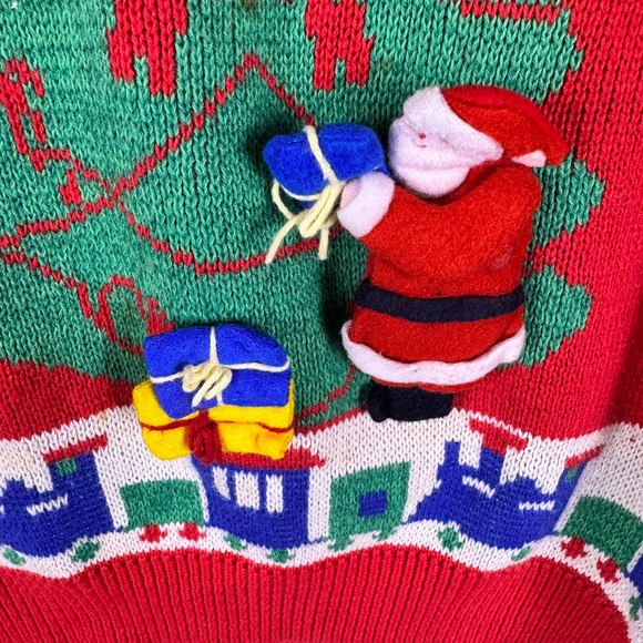 Touchy Subject Christmas Sweater Size S Vintage Train 3D Santa Holiday USA Made - Picture 3 of 11